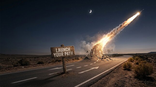 Roadsign urging 'Launch Your Path' as asphalt erupts upwards towards a moonlit sky