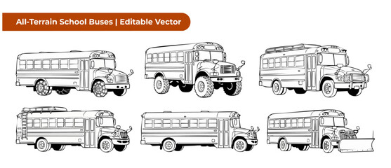 School bus vector line art set featuring modular all terrain offroad custom modifications like snow plow, giant monster truck tires, roof racks, and tire chains for winter driving coloring page design © Dinali