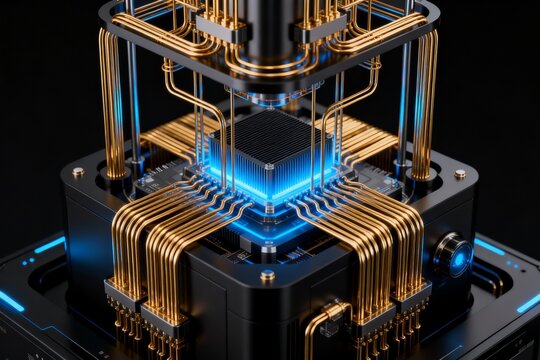 Quantum Computer Chip with Golden Wires and Blue Light