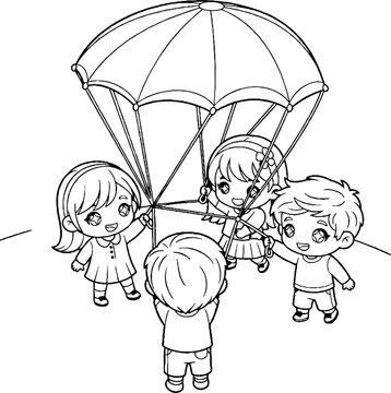 Children playing together under large parachute outdoors.