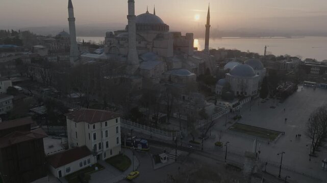 Drone view of Hagia Sophia in Istanbul, Turkey. The iconic monument showcases centuries of Byzantine and Ottoman architectural heritage.