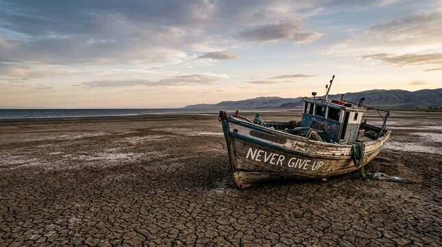 Weathered boat with 'Never Give Up' message stranded on dry cracked earth under dramatic sky