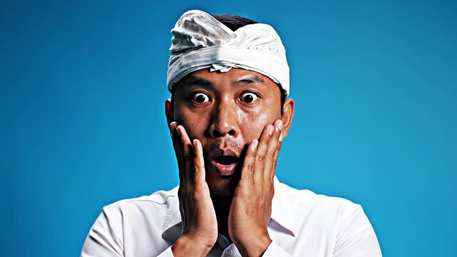 Portrait of an Asian man with traditional Balinese Udeng showing extreme surprise and shock to unexpected digital information. Illustrates sudden reactions, news, amazing discoveries, and emotional...