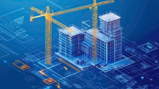 digital construction building information modeling bim concept with 3d model and blueprints vector illustration