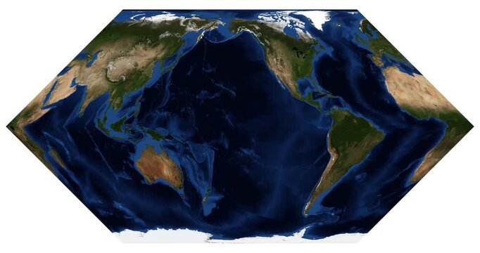 World map in Eckert II projection. Animated longitude shift and rotation. High-detail physical map of Earth. June View. Elements of this video furnished by NASA.