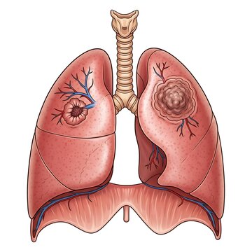 Illustration of Human Lungs with Tumors and Bronchi.