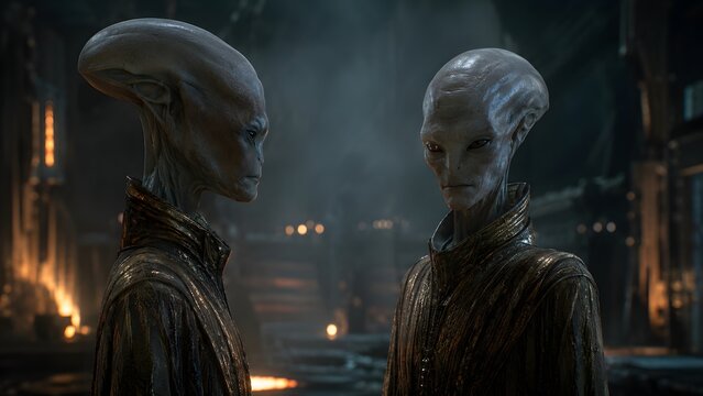 Two grey aliens wearing textured robes standing in a dark cinematic environment. High quality digital art suitable for sci fi storytelling, paranormal research, and concept design work.