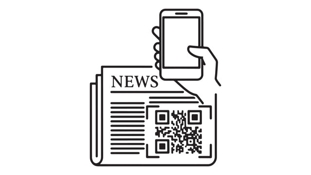Mobile news article icon with smartphone hand and QR code for digital reading access