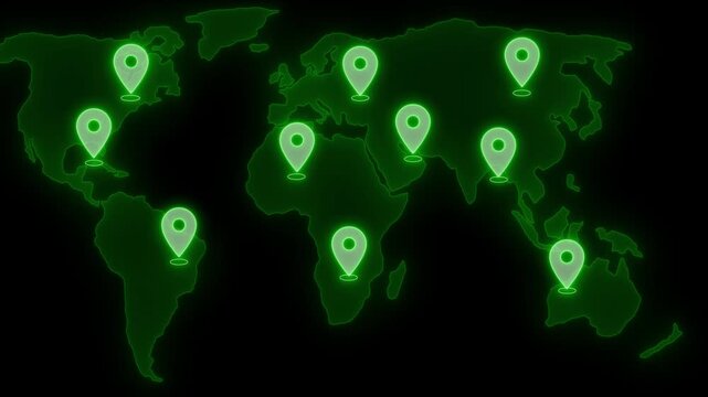 Dark stylized world map with glowing location pins marking multiple continents animation