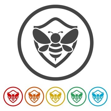 Bee on Shield logo. Set icons in color circle buttons