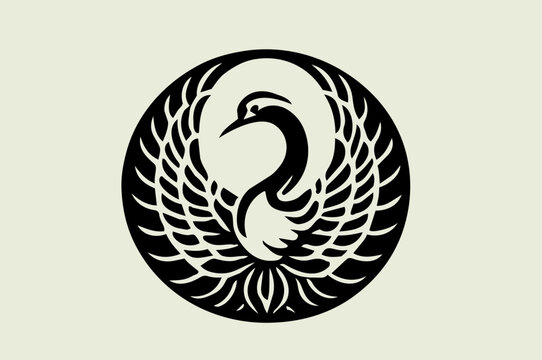 Traditional Japanese Crane Crest Illustration, Kamon Style Family Emblem Symbol, Minimalist Black and White Ink Design
