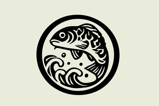 Traditional Japanese Koi Crest Illustration, Kamon Style Family Emblem Symbol, Minimalist Black and White Ink Design, koi fish