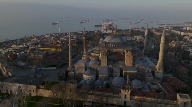 Drone view of Hagia Sophia in Istanbul, Turkey. The iconic monument showcases centuries of Byzantine and Ottoman architectural heritage.