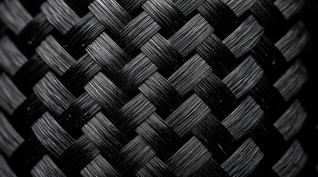 Black carbon fiber texture background | Close-up of braided nylon cable weave | Industrial composite material macro photography | Dark geometric woven pattern design