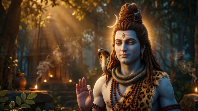Lord Shiva Meditation Near Ancient Temple &ndash; Golden Spiritual Artwork