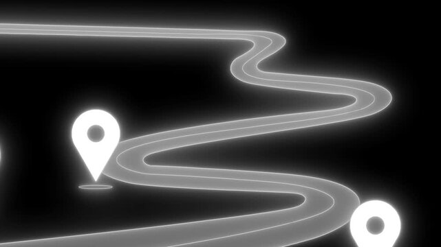 Glowing winding path with map pin markers neon-like route and pointers animation