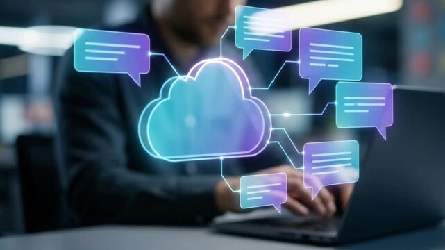 Cloud Computing and Digital Communication Concept: Floating Holographic Cloud Icon and Connected Speech Bubbles Above Blurred Laptop User