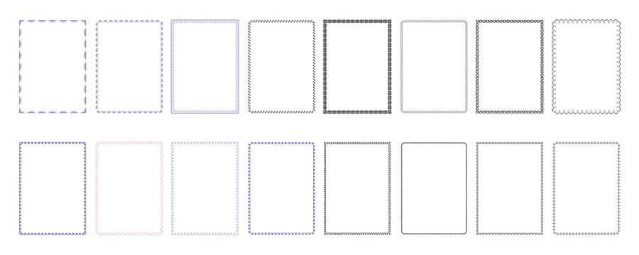 A4 border frame collection with dotted dashed and thin line rectangle page outlines for printable document template stationery and page design