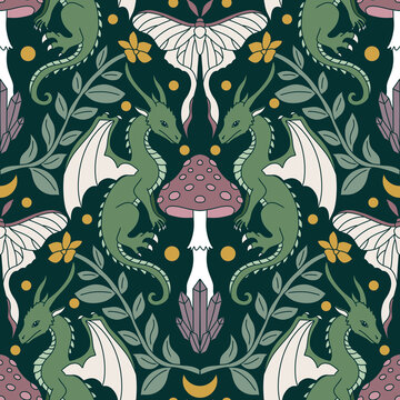 Witchy cottagecore dragon and mushroom seamless pattern with botanical moth magic crystal and mystic crescent moon elements in emerald green gothic forest style