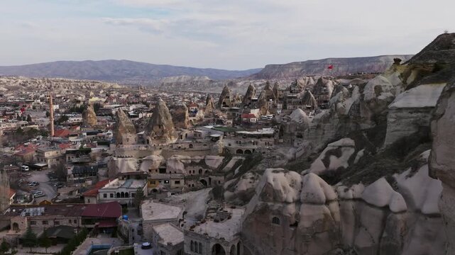 Drone view of G&ouml;reme, a historic town in Cappadocia famous for its fairy chimneys, cave houses and unique volcanic landscape.