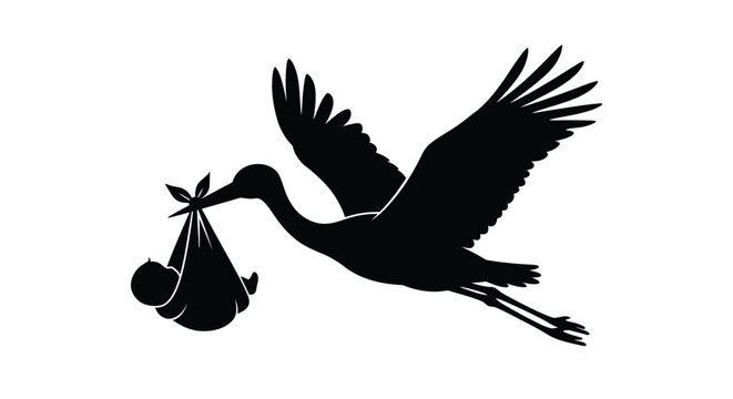 Stork Carrying Baby Silhouette Against White Background