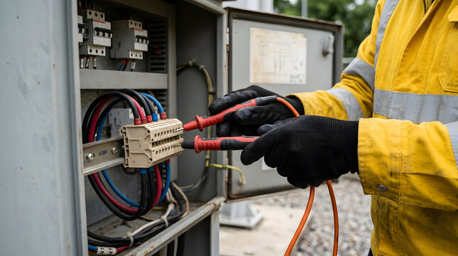 professional electrician testing electrical panel | industrial electrical maintenance and inspection | technician hands using multimeter probes | electrical safety check on terminal block