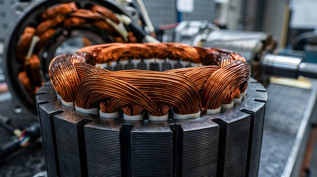 Electric motor stator copper coil windings | Industrial electric engine manufacturing process | Close up of copper wire winding in motor repair | Renewable energy motor component engineering