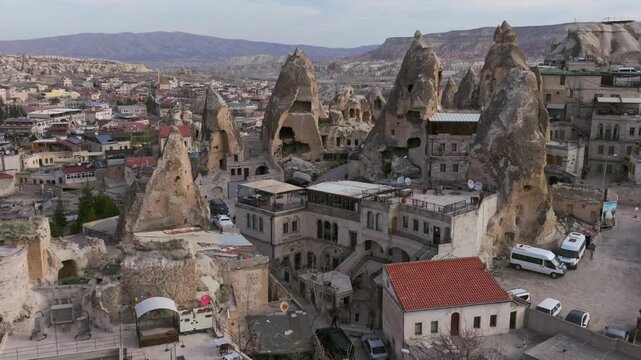 Drone view of G&ouml;reme, a historic town in Cappadocia famous for its fairy chimneys, cave houses and unique volcanic landscape.
