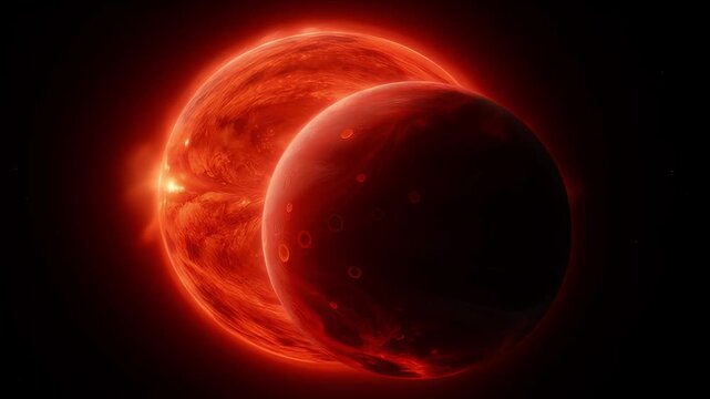 Space Glowing red dwarf star close orbit planet fiery sun surface glowing space flare dark exoplanet silhouette cosmic eclipse scene dramatic astronomy art intense red light celestial view
