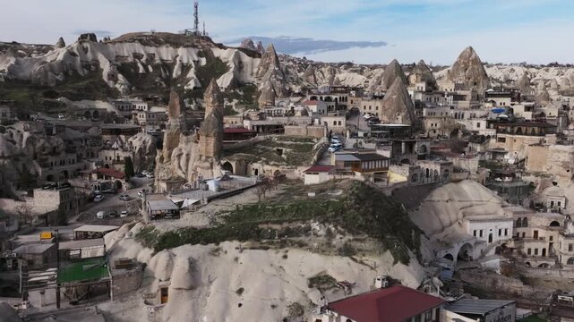 Drone view of G&ouml;reme, a historic town in Cappadocia famous for its fairy chimneys, cave houses and unique volcanic landscape.