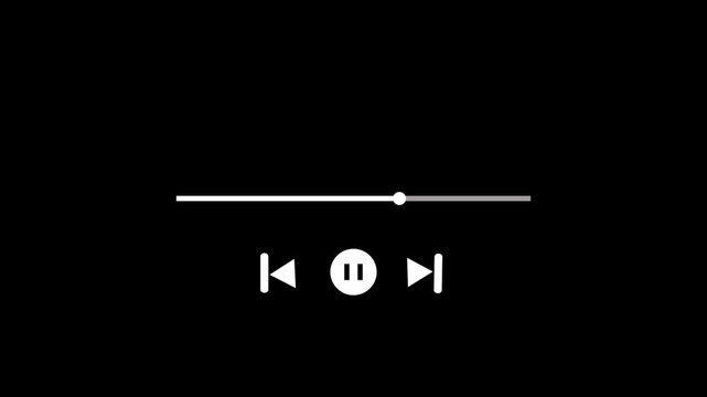 White and Black video player UI elements featuring a pause button, skip track icons, and a progress seek bar animation