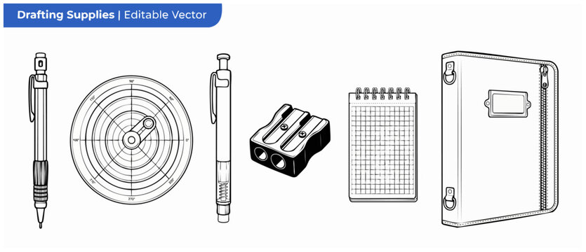Drafting supplies vector icon set featuring mechanical pencil, circular protractor compass, dual sharpener, grid notebook, zippered binder folder isolated on white background for architectural project