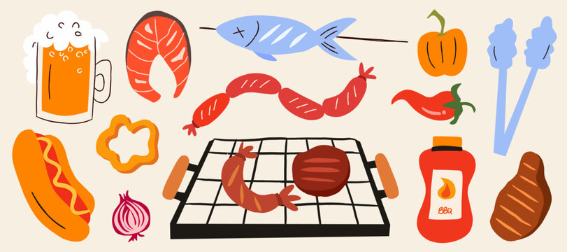 Cute hand drawn BBQ element set vector illustration for summer grill party. Flat cartoon barbecue clipart collection with beer mug, salmon steak, fish skewer, hotdog, sausage, grill grate and sauce.