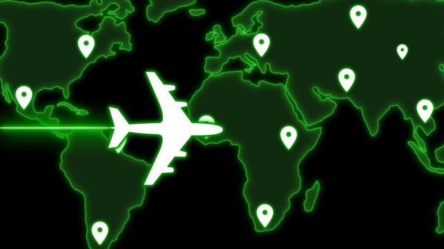 Neon airplane over world map with location pins animation
