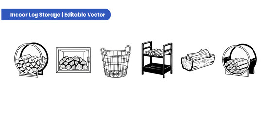 Firewood storage holder vector icons set featuring indoor log organizer racks, rustic iron baskets, wood holders and metal stands for home fireplace hearth styling in clean black line art style packs. © Dinali