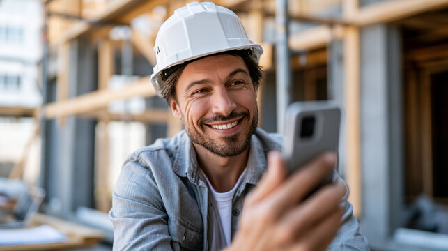 A real estate developer takes softly pictures of a calm house under construction in bright daylight construction photo open face bright outdoors daylight workspace soft