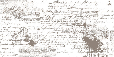 Vintage grunge background with unreadable cursive handwritten text and brown watercolor ink splatters vector illustration template. © Design House
