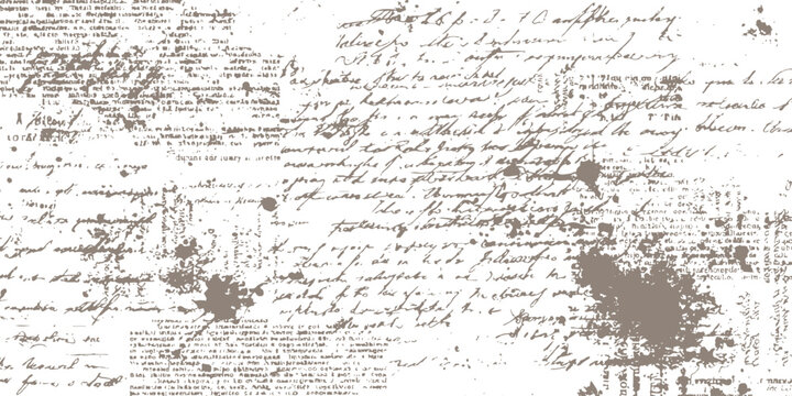Vintage grunge background with unreadable cursive handwritten text and brown watercolor ink splatters vector illustration template.