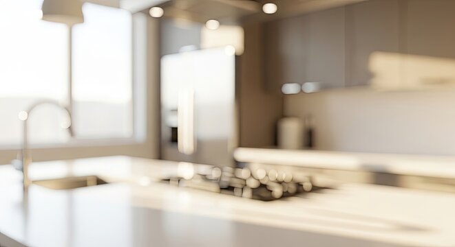 Blurred Modern Kitchen Interior with White Countertops and Stainless Steel Appliances.