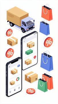 E-commerce Shopping Mobile Phone with Delivery Bags and Packages.