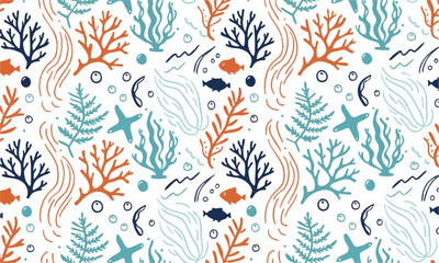 Fototapeta premium Cute tropical underwater seamless marine vector pattern design.