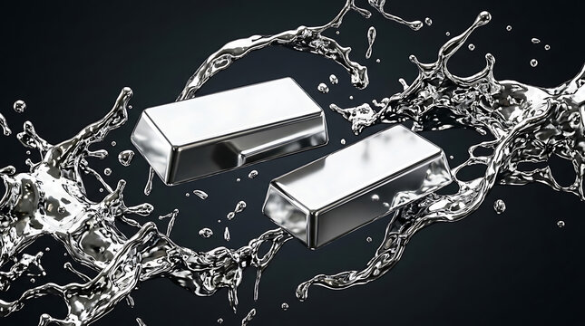 Two shiny silver metal ingots floating amidst dynamic liquid chrome splashes on black background