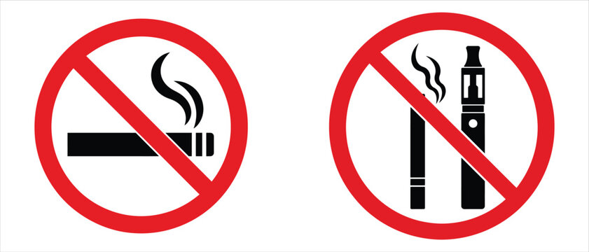 No smoking and no vaping prohibited signs vector illustration with prohibited cigarette electronic prohibition isolated background restriction forbidden pictogram cautionary