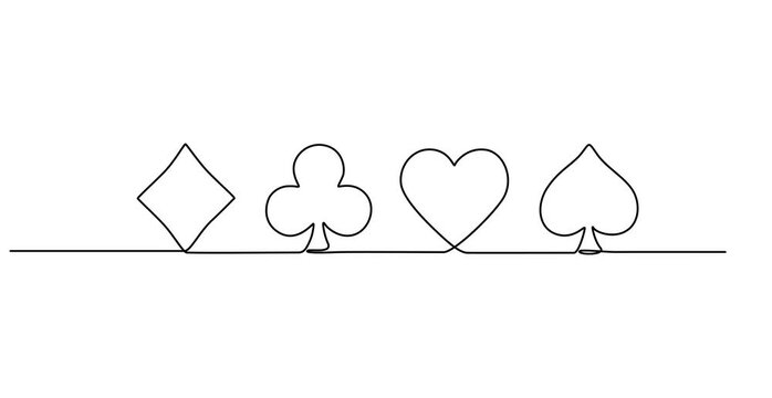 Self drawing animation of set of four aces playing cards suits drawn by one continuous line. Animated single line four of a kind aces poker hand. Set of heart, clubs, diamonds and spades., ace,
