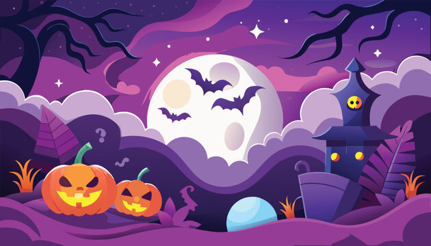 Spooky halloween night background with full moon flying bats and creepy pumpkins in purple clouds