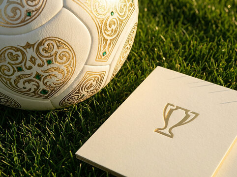 A golden soccer ball and trophy on green grass