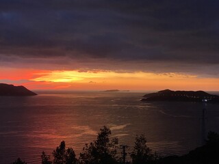Sunset over calm sea with silhouetted trees and distant islands, ideal for background use © dvoevnore