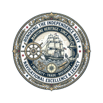 Maritime heritage nautical emblem with sailing ship and compass, nautical