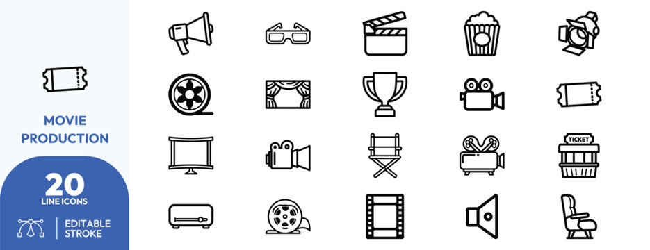 Film Production Line Icons Collection Featuring Cinematic Symbols.