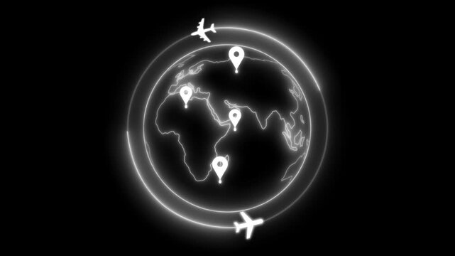 Glowing neon outline of earth focused on africa and europe with three map pin markers and two airplane icons circling animation